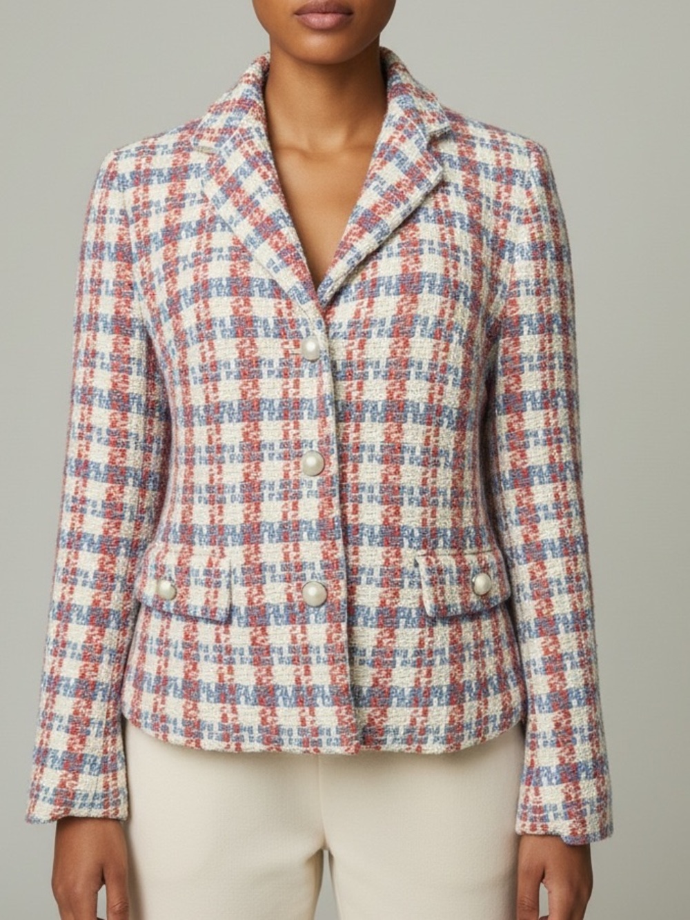 Zara Plaid Tweed Blazer with Pearl Buttons